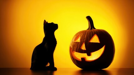 Halloween Cat and Pumpkin: A mysterious silhouette of a black cat, accompanied by a glowing jack-o'-lantern, captures the essence of Halloween night. A whimsical and festive image.