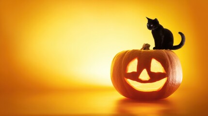 Enchanting Halloween Scene: A carved pumpkin illuminated from within, crowned by a sleek black cat, bathed in an inviting orange glow, conjuring the spirit of All Hallows' Eve.