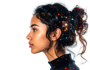 Profile of a woman with glowing network art integrated with her head on a black background