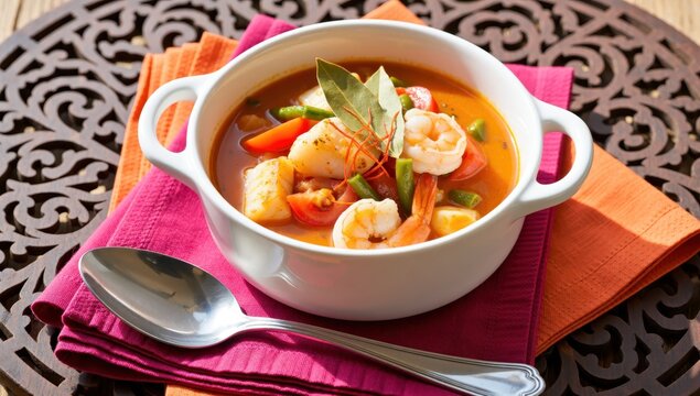 Delicious and flavorful seafood soup with shrimp, vegetables, and herbs served in a white bowl - Powered by Adobe