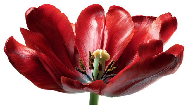 Detailed macro view of a vibrant red tulip flower on transparent background