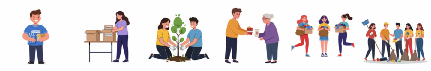 Detailed Flat Illustration of Volunteers in Charitable Activities and Community Service