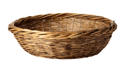 Empty wicker basket isolated on transparent background, rustic woven texture container studio shot