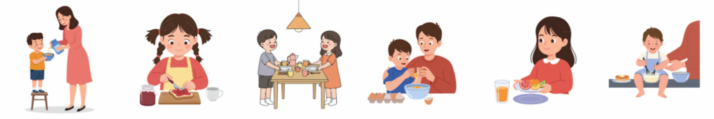 Cute Flat Illustration of Mother and Child Everyday Life Activities Set