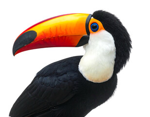 Naklejka premium Profile view of a colorful toucan bird with a large, vibrant beak set against a transparent black background