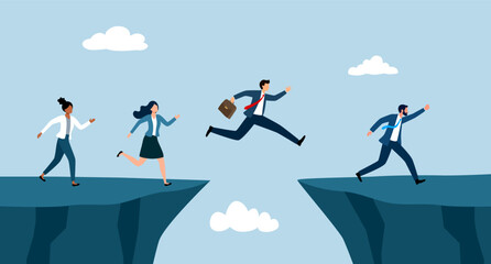 Businesspeople jumping over the chasm. Businessman lead team to overcome problem. Leadership.