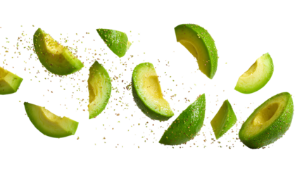 Fresh avocado slices with seasoning levitating against a transparent backdrop, horizontal composition