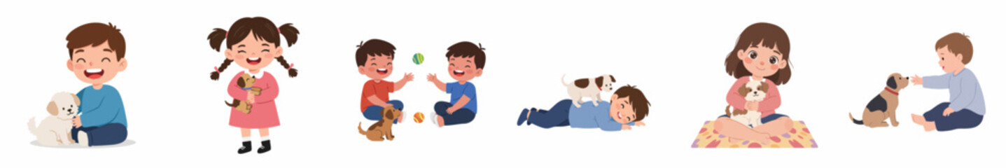 Colorful Cartoon Illustration of Happy Children Playing with their Dogs