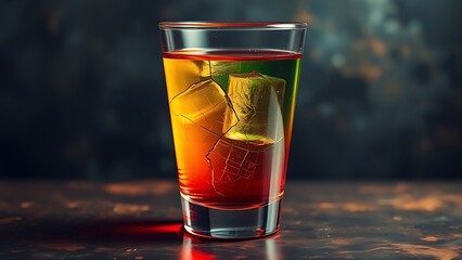 An abstract visualization of a vibrant colorful cocktail glass slowly cracking and draining of its color against a dark background.