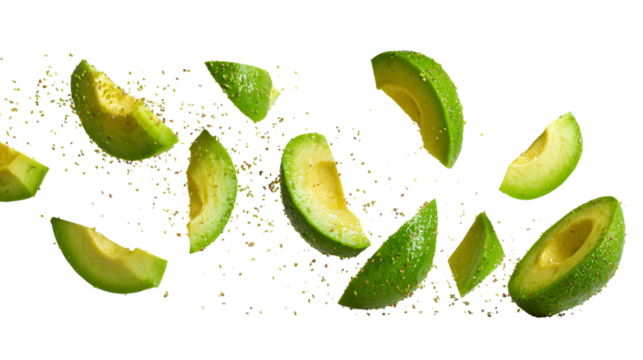 Fresh avocado slices with seasoning levitating against a transparent backdrop, horizontal composition