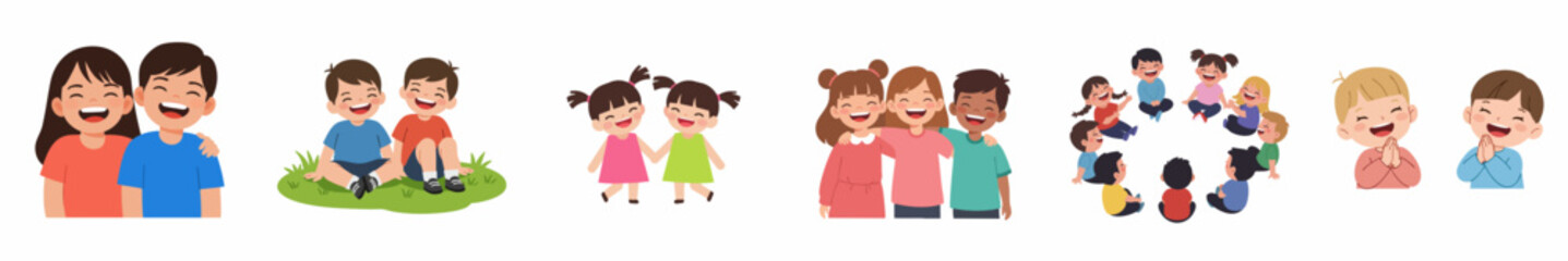 Colorful Cartoon Style Diverse Group of Children Friendship Illustration