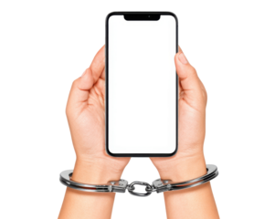 Mobile Addiction: The image captures a pair of hands clasped around a phone, bound by handcuffs.