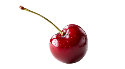 Fresh cherry with stem and water droplets isolated on transparent background for designs