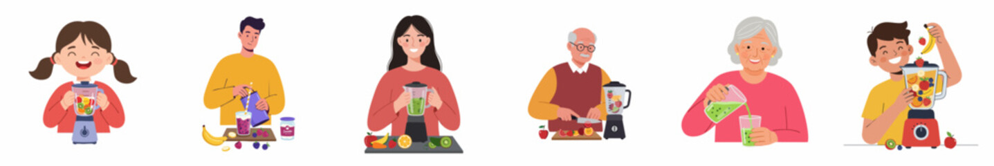 Colorful Illustration Diverse People Making Healthy Smoothies Nutrition Concept