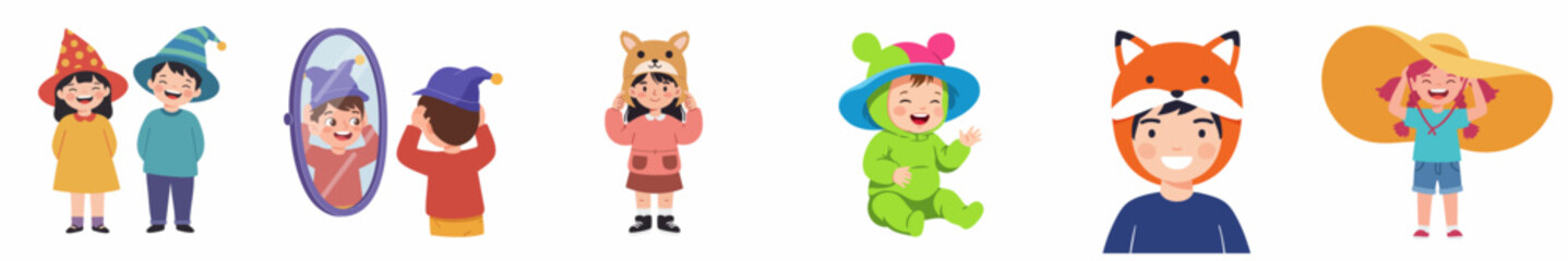 Cartoon Illustration of Children Wearing Funny Headwear Costume Collection Set