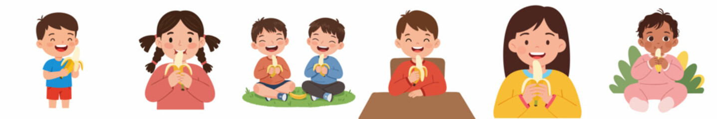 Cheerful Cartoon People Enjoying Fresh Banana Fruit Snack Collection Illustration