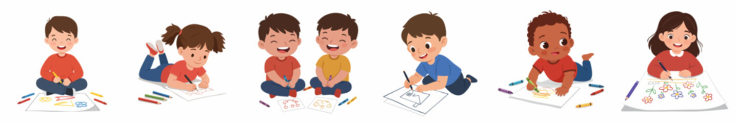 Cartoon Style Illustration of Cheerful Diverse Children Drawing Together on Paper