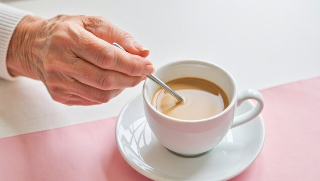 Closeup of an elderly woman stirring a cup of coffee with milk, capturing a moment of comfort and simple pleasure - Powered by Adobe