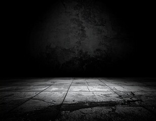 Dark, empty, and grungy room with a spotlight illuminating a concrete floor and textured wall.