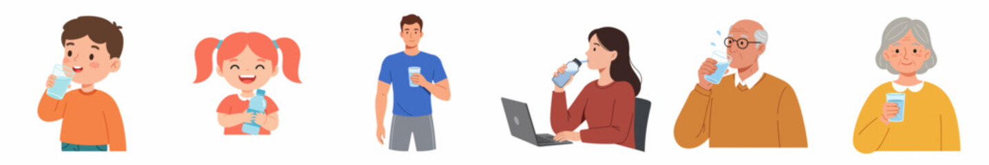 Simple Flat Illustration of Diverse People Drinking Water for Hydration