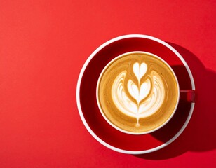 Top-down view of a cappuccino with heart-shaped latte art in a red cup on a matching red background.