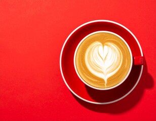 Top-down view of a cappuccino with heart-shaped latte art in a red cup on a vibrant red background.
