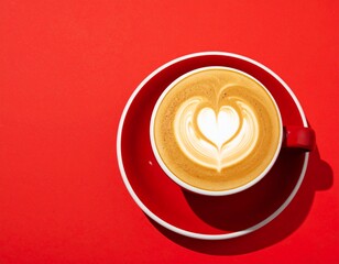 A top-down view of a cappuccino with heart-shaped latte art in a red cup on a matching red background.
