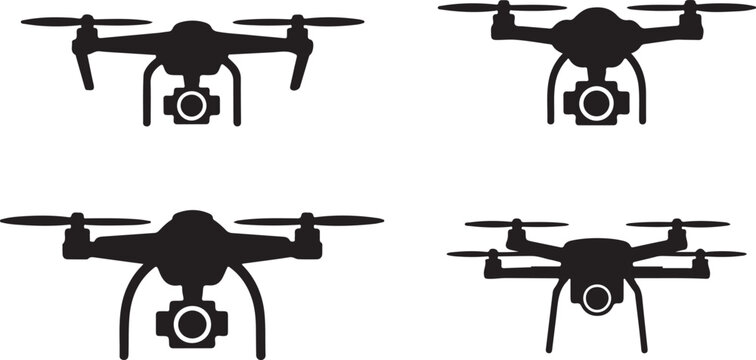 Professional Camera Drone Black Silhouette Vector Icon Set