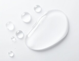 A smear of clear cosmetic serum with several small drops on a clean white background, showcasing its texture and purity.