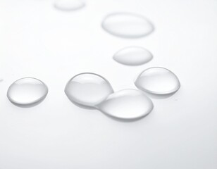 A minimalist macro photograph of clear water drops resting on a smooth, reflective white surface.