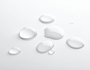 Several clear, transparent water droplets resting on a smooth, bright white surface.