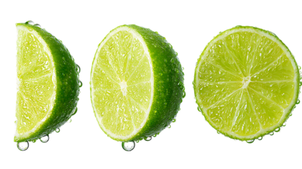 Fresh lime slices with water droplets arranged on a transparent background create a refreshing look