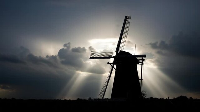 Dramatic Silhouette of a Windmill Against a Stormy Sky with Sunbeams.