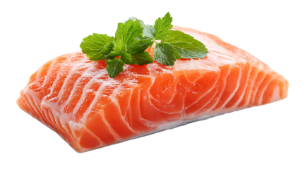 Fresh salmon fillet with mint garnish on transparent background, healthy food concept