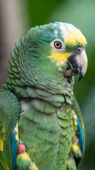 Obraz premium Exotic Parrot Close-Up: Vibrant Green Feathers and Colorful Plumage in Natural Habitat, Perfect for Birdwatching and Wildlife Conservation Enthusiasts