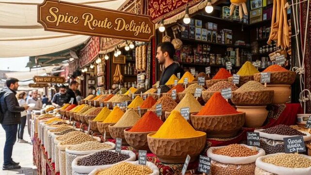 Vibrant Spice Market Stall Displaying Colorful Powders and Grains.