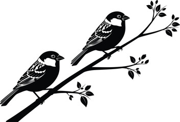 Birds on tree branch, black and white silhouette, nature scene, feather detail, perched birds, minimal style, vector art, wildlife, flat vector illustration