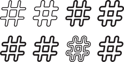 Set of Hashtag and Number Sign Icons: Thick Line Outline Vector Collection
