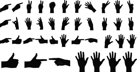 Hand gesture silhouette set, peace sign, pointing finger, thumbs up, open palm, black vector icons, communication symbols, isolated collection