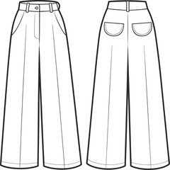 Flat vector illustration, wide-leg pants sketch, front and back view, fashion design, technical drawing, garment template, clothing construction detail