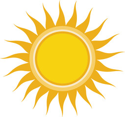 Stylized sun icon, bright yellow rays, summer symbol, weather graphic, radiant energy, nature element, flat vector illustration, golden sunlight design
