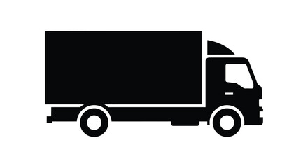A bold black silhouette of a delivery truck with a large cargo box and wheels on a white background silhouette