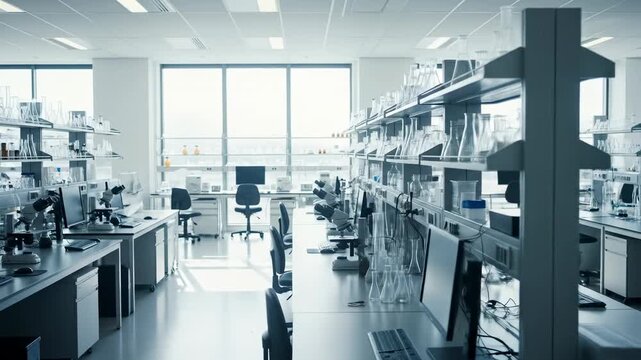 Modern laboratory interior, filled with equipment, tables, glassware, and bright natural light