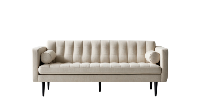 Cream sofa with bolsters, fluted back, and simple black legs, centered
