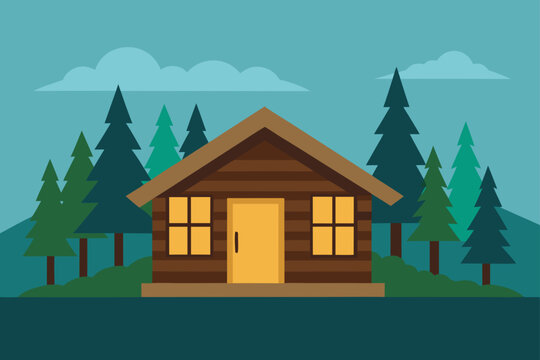 Wood Cabin Exterior With Pine Forest Backdrop Illustration