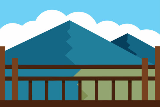 Wooden Balcony Railing Mountain View Background Illustration