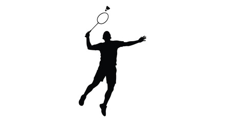 Dynamic silhouette of a male badminton player in mid air hitting a shuttlecock with a racket