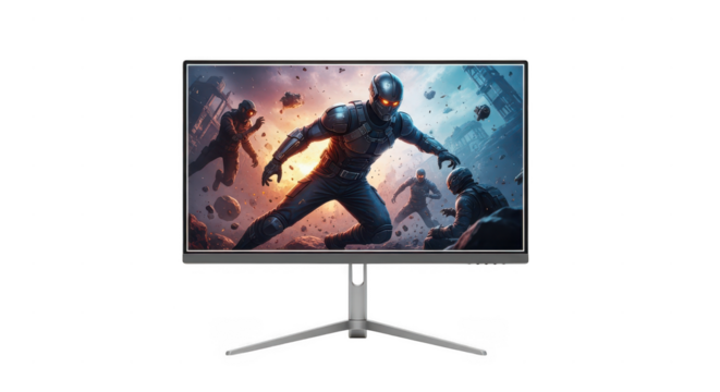 Monitor displaying futuristic battle scene art isolated illustration on transparent background