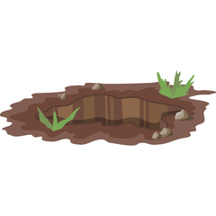 Cartoonish Open Ground Hole With Dirt Rocks And Grass Patches On A Transparent Background Illustration