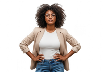 Confident black woman with hands on hips isolated on transparent background, radiating strength and determination